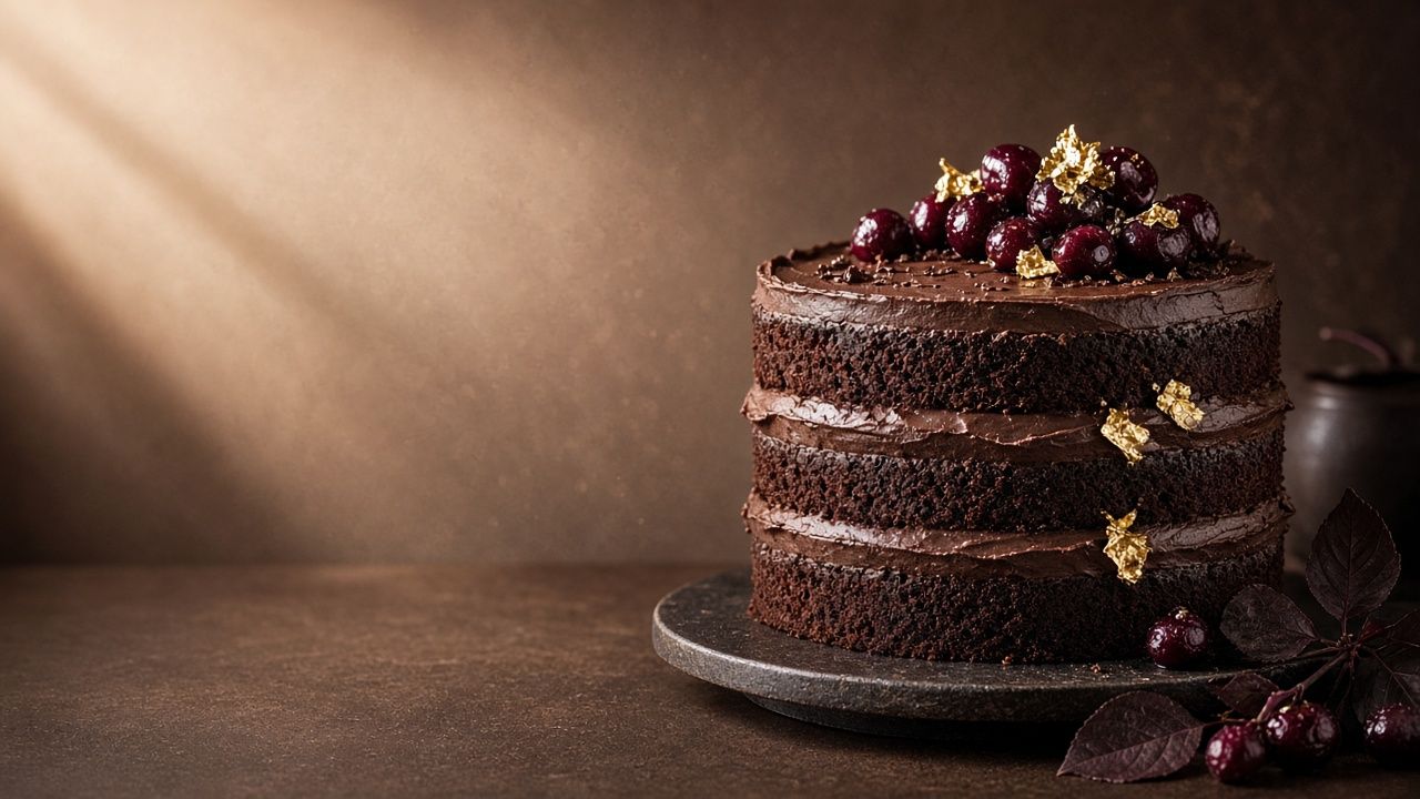 Dark chocolate layer cake finished with berries and gold leaf